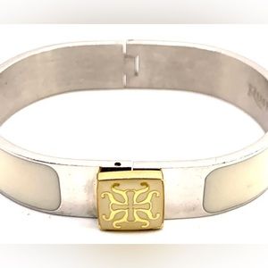 Vtg Rustic Cuff Clamper Ivory Enamel Silvertone Cuff Bangle Bracelet